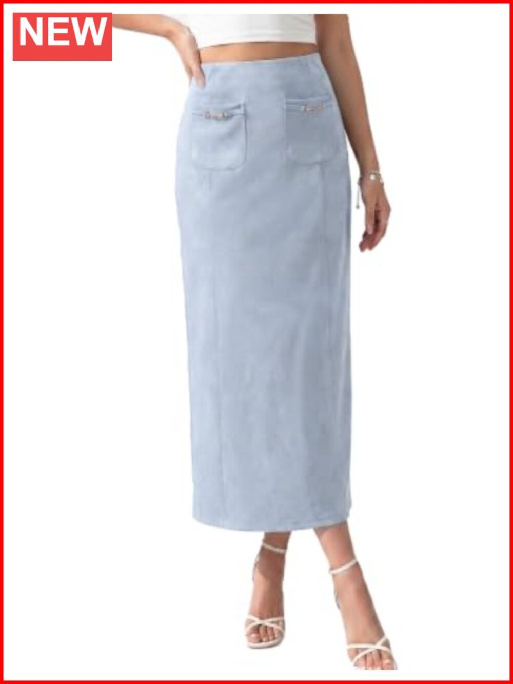 Faux Suede Midi Skirt High Waisted A-Line with Pockets